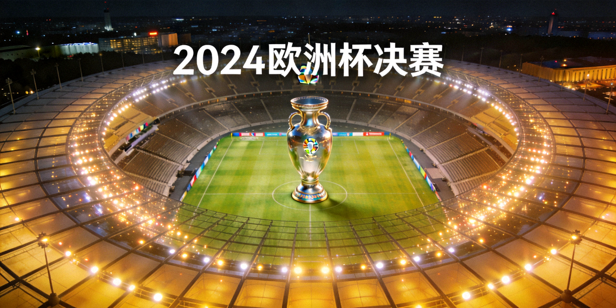 2024年欧洲杯决赛球场柏林奥林匹克体育场夜景，草坪中央摆放着德劳内奖杯，四周灯光璀璨营造决赛氛围